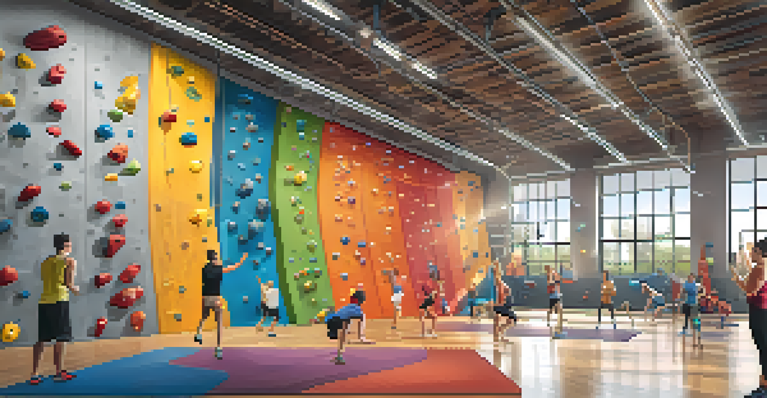 Climbers warming up in an indoor climbing gym, doing exercises like jogging and shoulder mobility drills with colorful climbing holds.