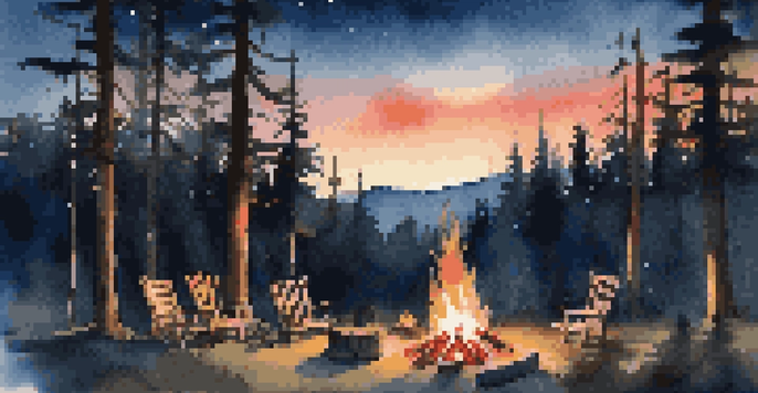 A tranquil campsite with a glowing campfire, surrounded by logs and chairs, under a starry sky.