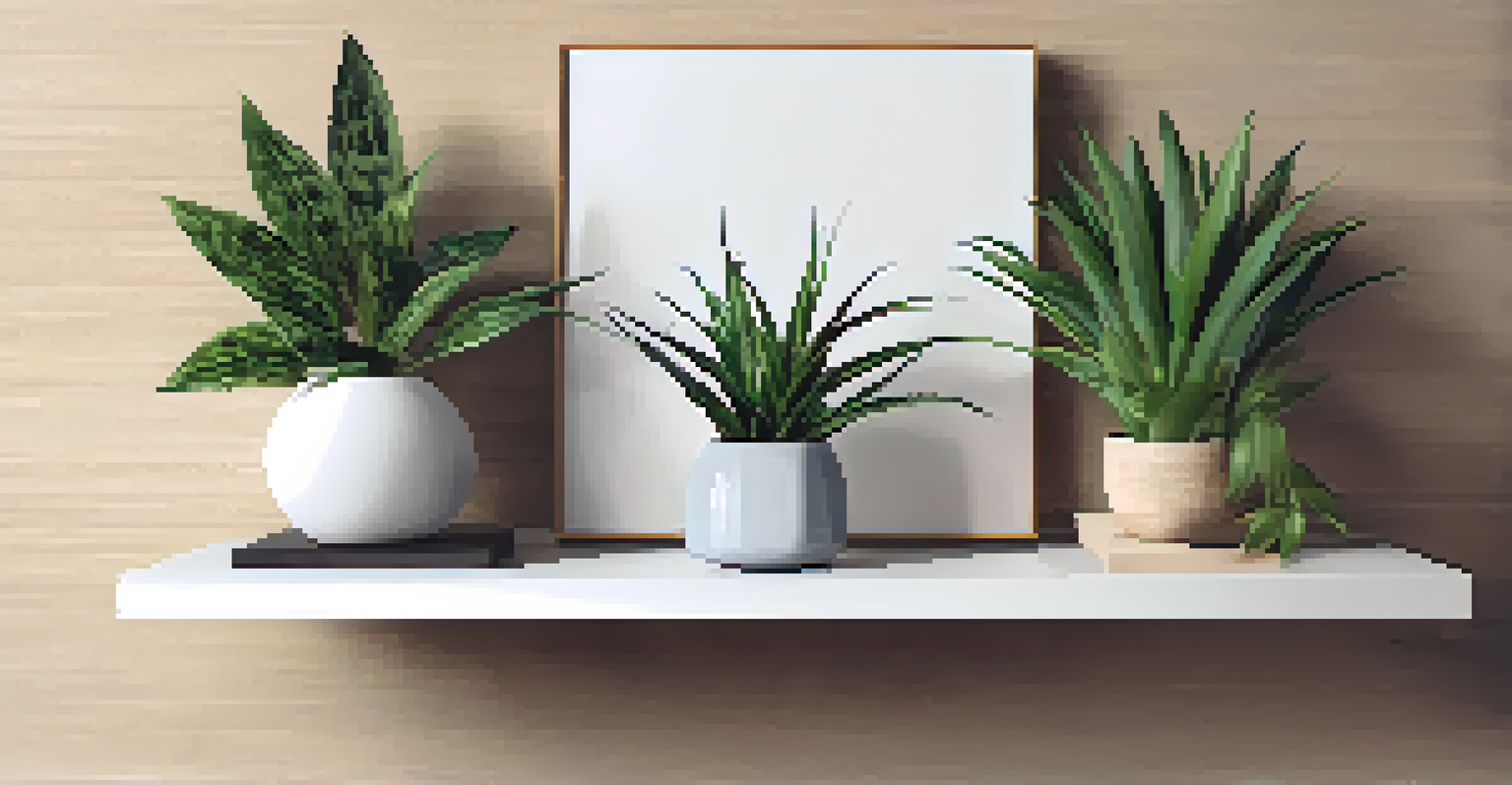 A modern office space featuring a wall-mounted shelf with an array of indoor plants of different heights and textures.
