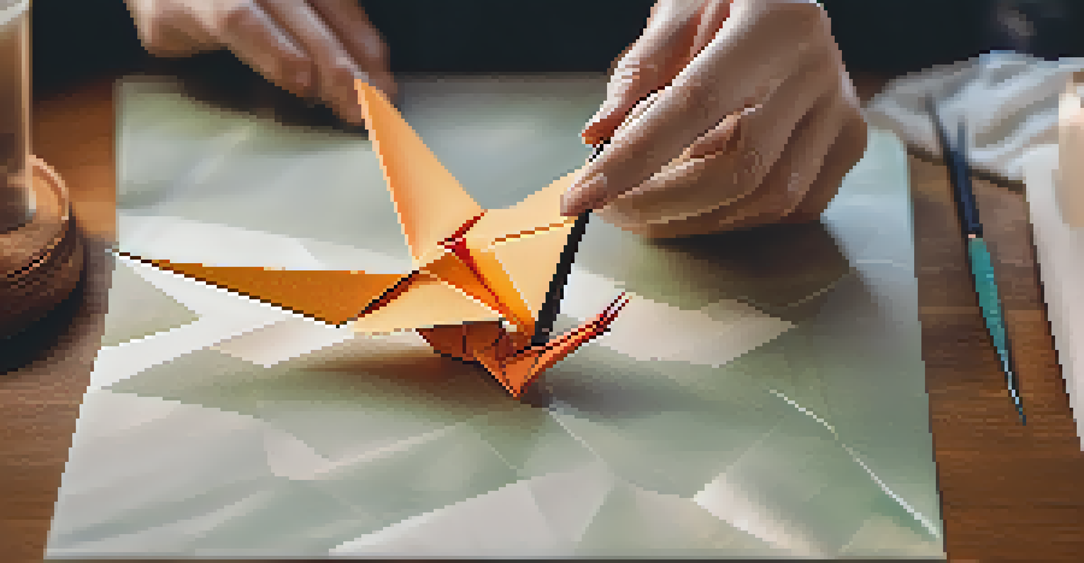 Close-up of hands using tweezers to fold an origami crane from patterned paper, with a blurred background.