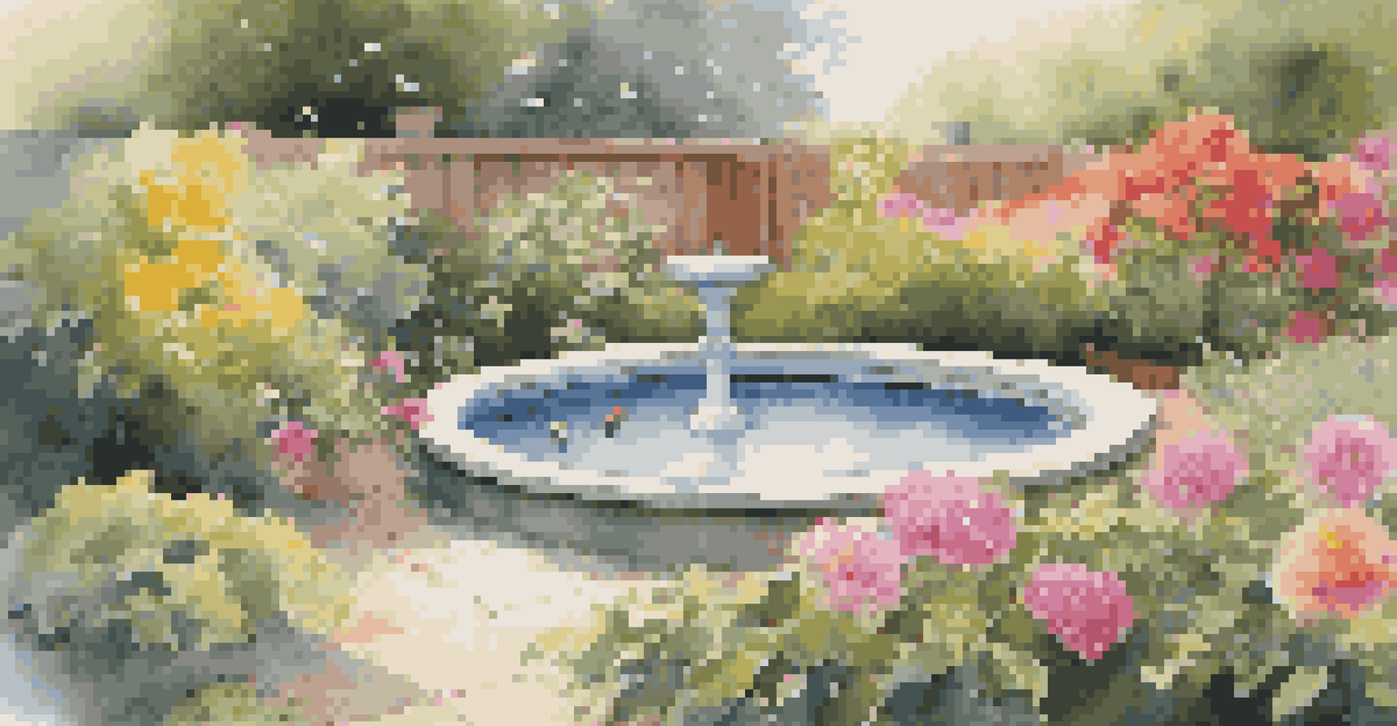 A peaceful backyard with a shallow birdbath and birds bathing, framed by colorful flowers and shrubs.