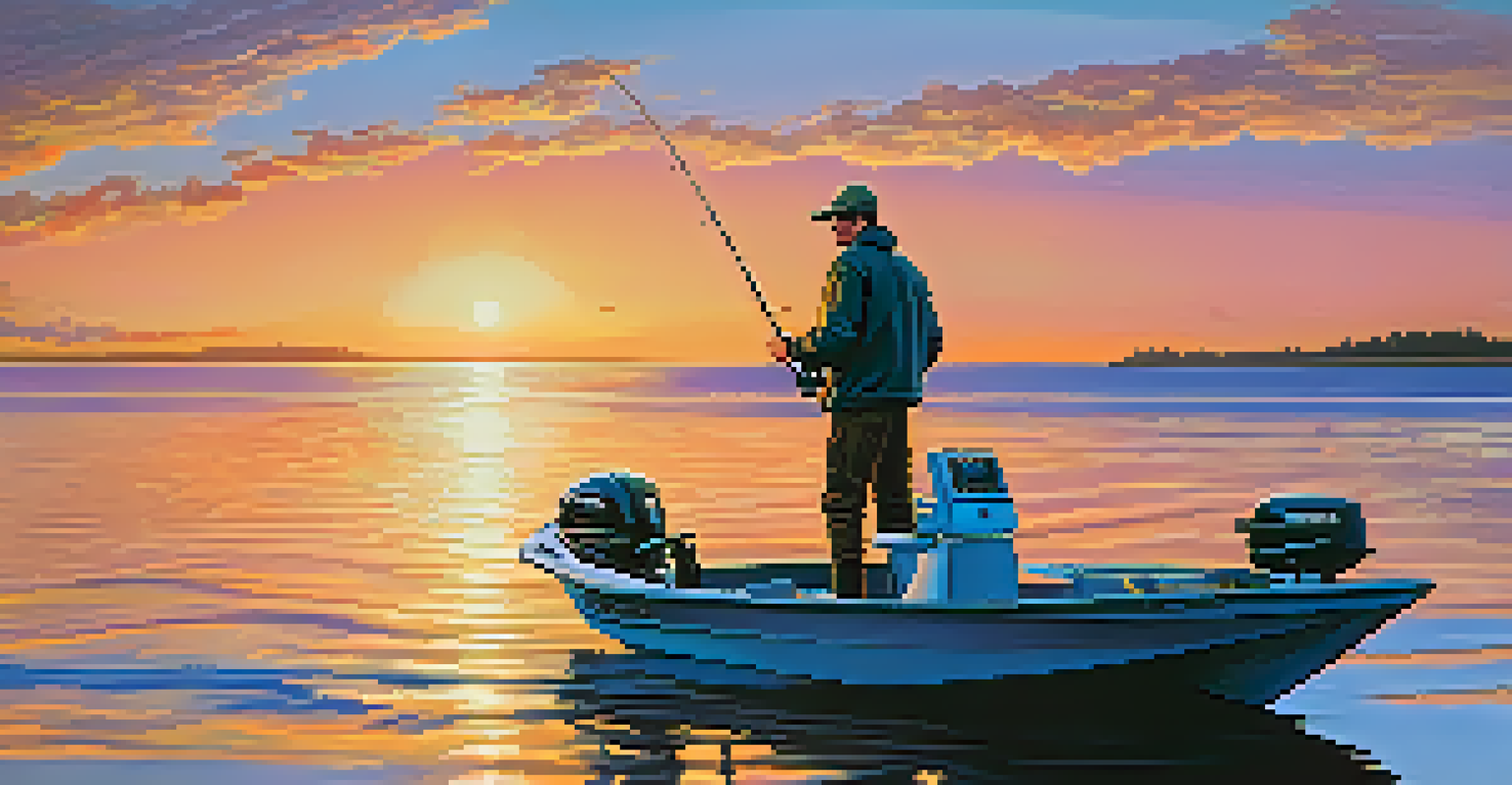 A modern angler on a boat, using a high-tech fishing rod with a digital screen, set against a vibrant sunset and jumping fish.
