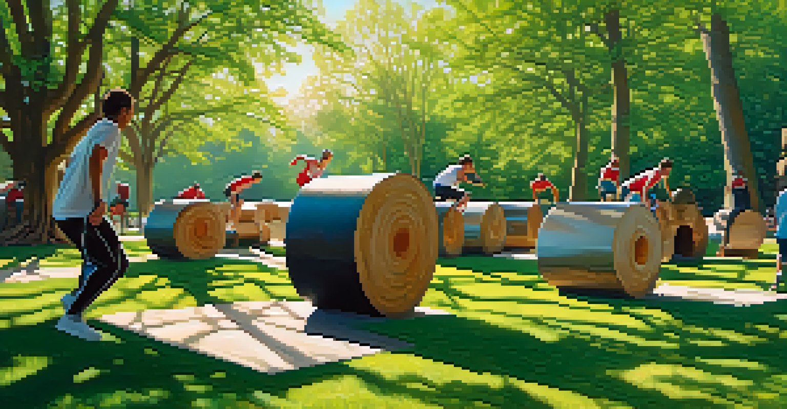 A group of parkour athletes practicing in a lush green park, performing various movements over natural obstacles.