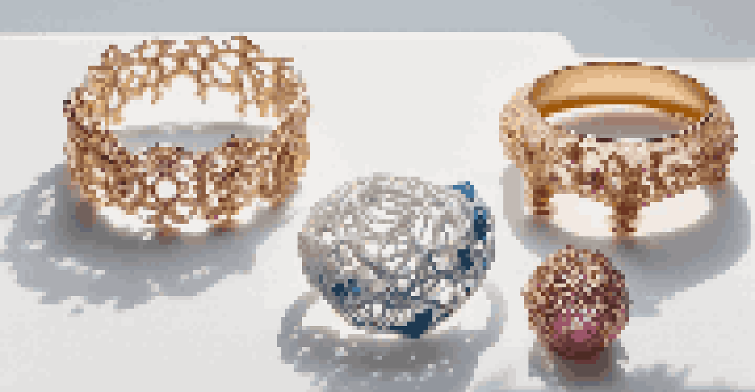 3D printed jewelry pieces in various shapes and colors displayed on a pedestal, showcasing intricate designs and creativity.