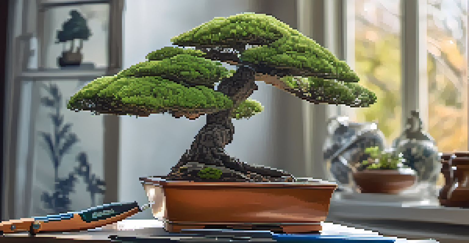 A close-up of a bonsai tree being pruned, with tools arranged beside it, highlighting the vibrant foliage and the artist's hands.