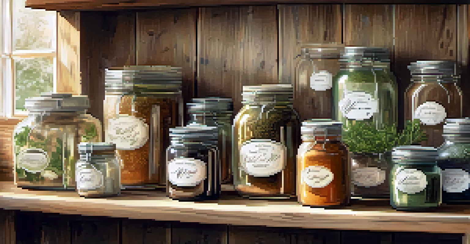 A kitchen shelf with glass jars labeled in calligraphy, showcasing herbs and spices against a wooden background.