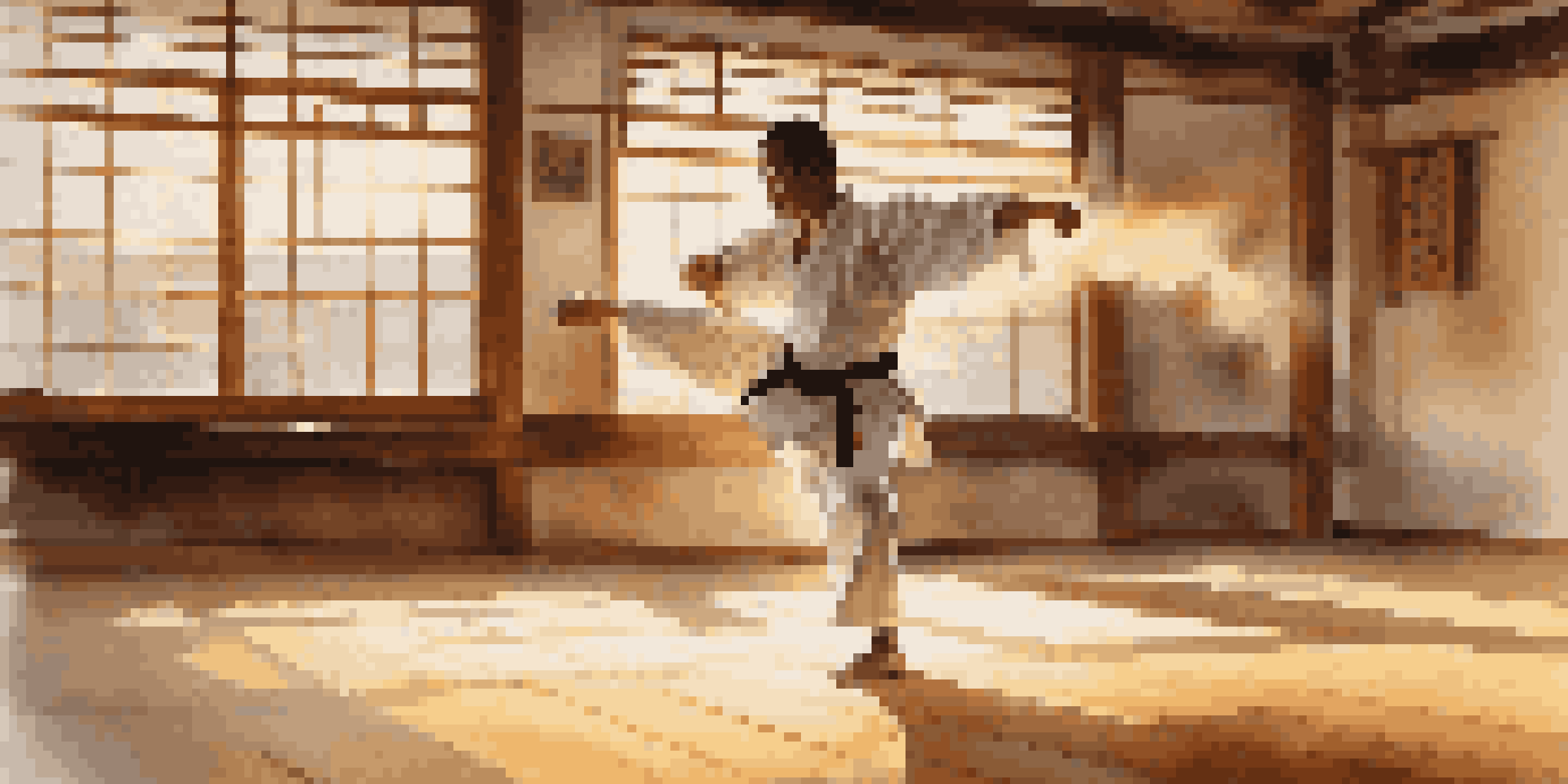 A martial artist executing a kick inside a brightly lit dojo, highlighting their form and flexibility.