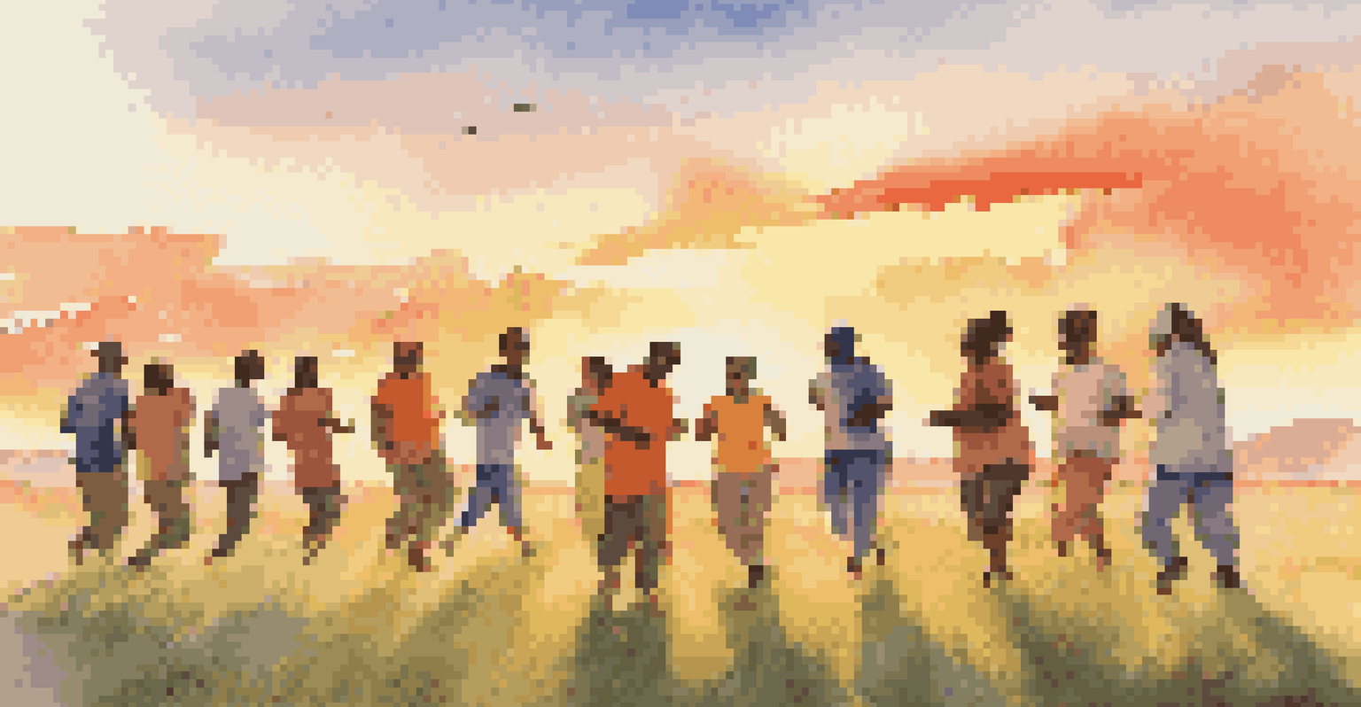A group of diverse individuals practicing Breath of Fire outdoors at sunrise, surrounded by lush green grass and a vibrant sky.