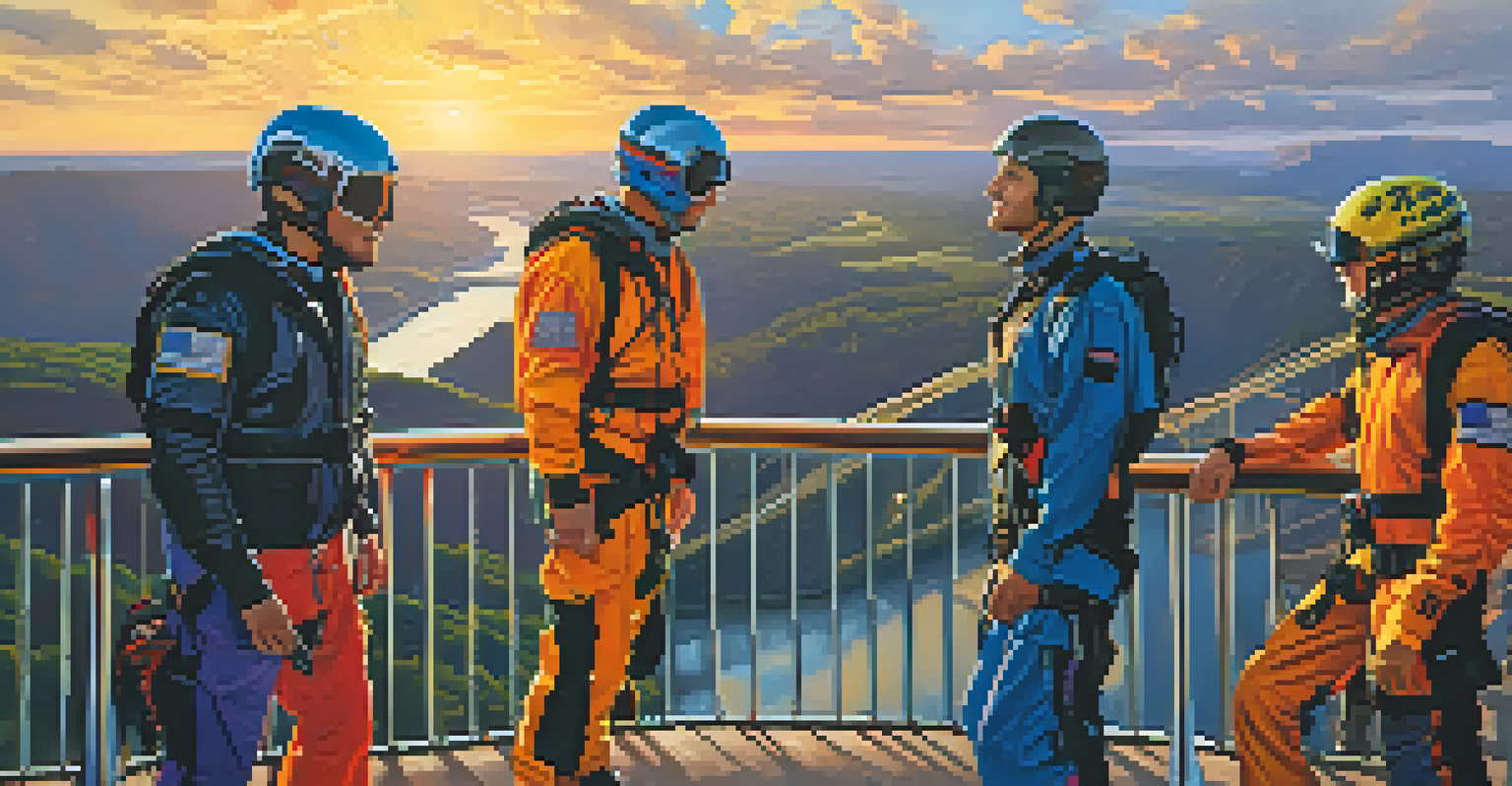 A group of base jumpers in colorful gear preparing for a jump at a bridge with a warm sunset in the background.