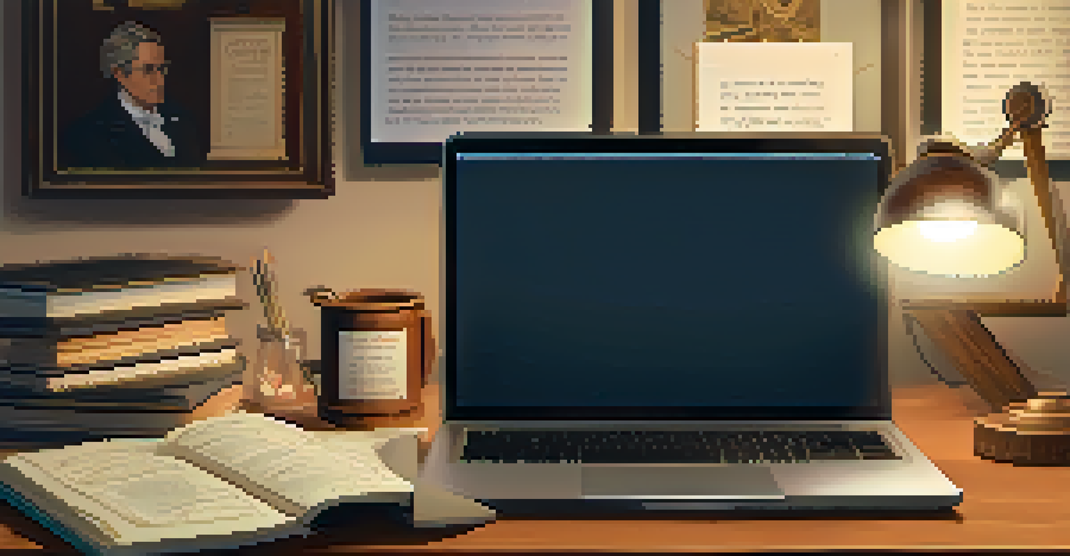 A warm home office filled with genealogy research materials including books, a laptop, and notes on a wooden desk.