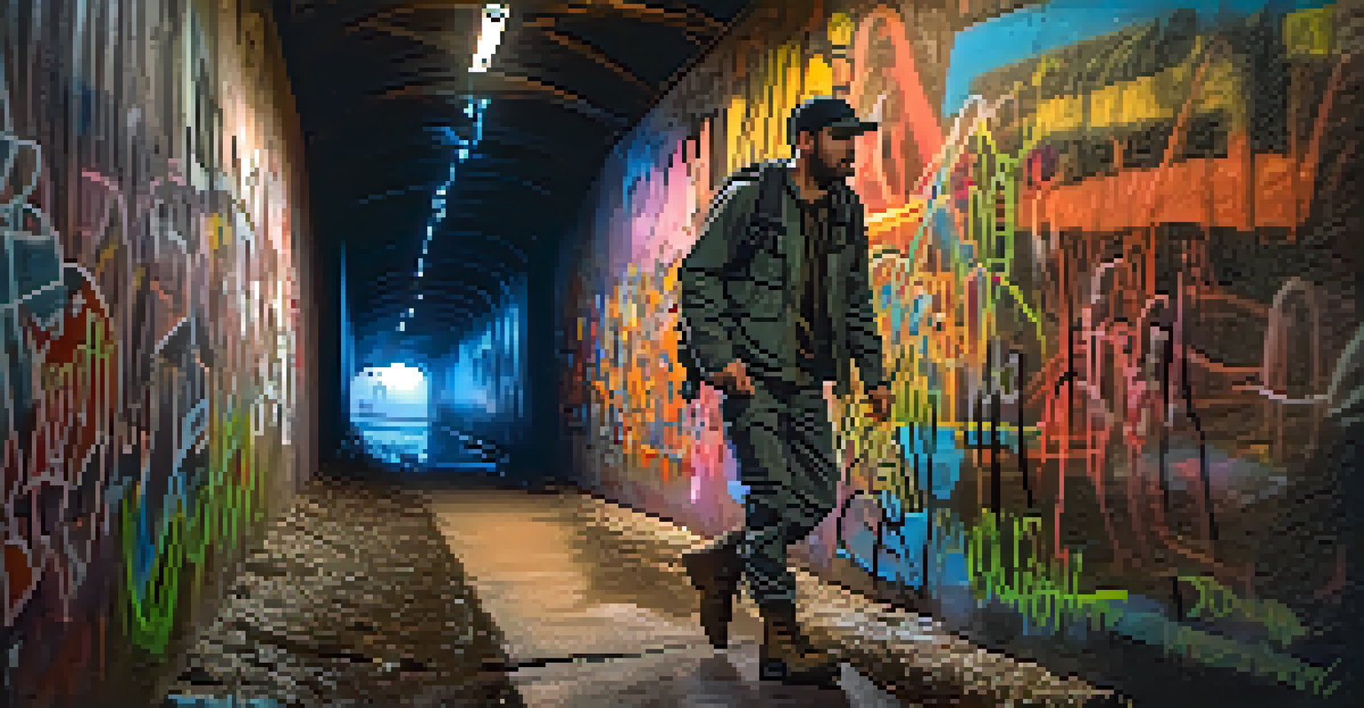 An urban explorer in breathable clothing using a headlamp in a graffiti-covered tunnel.