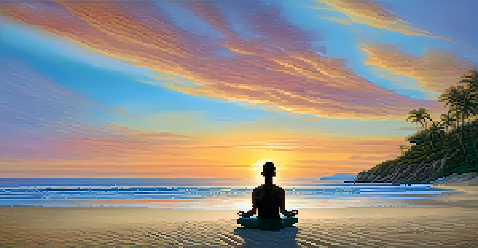 A person meditating while visualizing a peaceful beach with waves, a sunset, and soft sand, representing tranquility and relaxation.