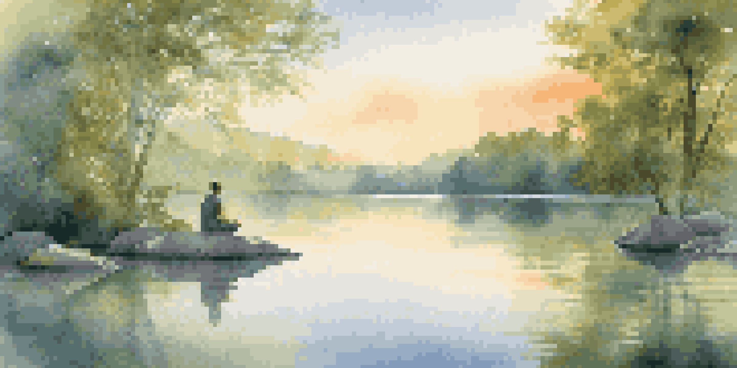 A person meditating by a calm lake at sunrise, surrounded by trees and soft light.