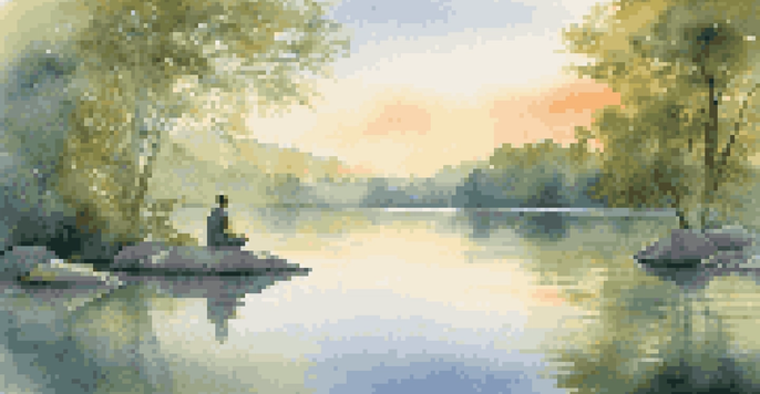 A person meditating by a calm lake at sunrise, surrounded by trees and soft light.