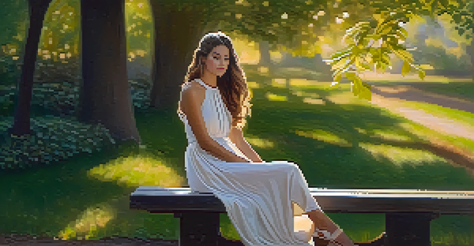 A young woman in a flowing dress sitting on a wooden bench in a sunlit park, gazing into the distance.