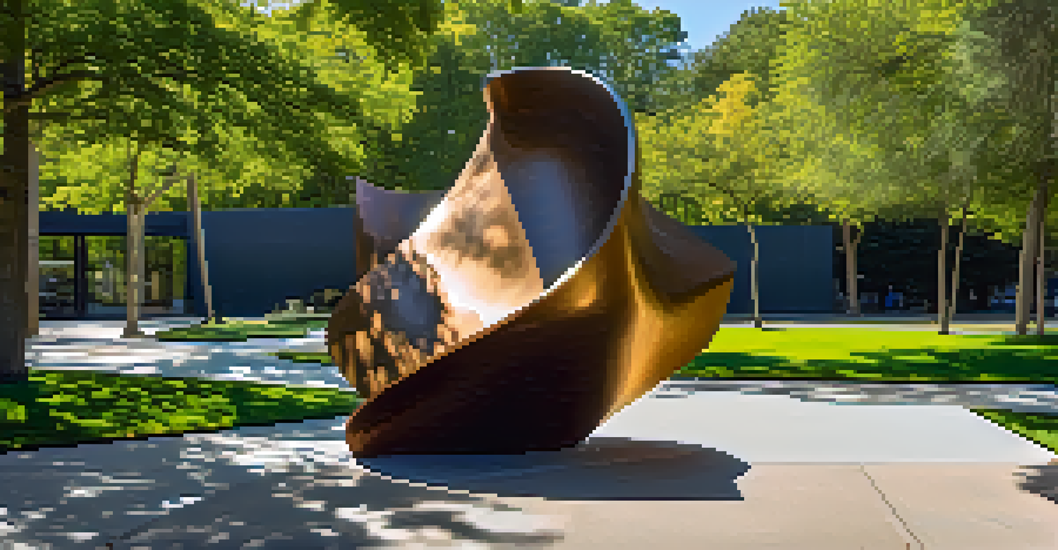An abstract bronze sculpture in an outdoor park, showcasing asymmetrical forms with bright sunlight and green trees in the background.