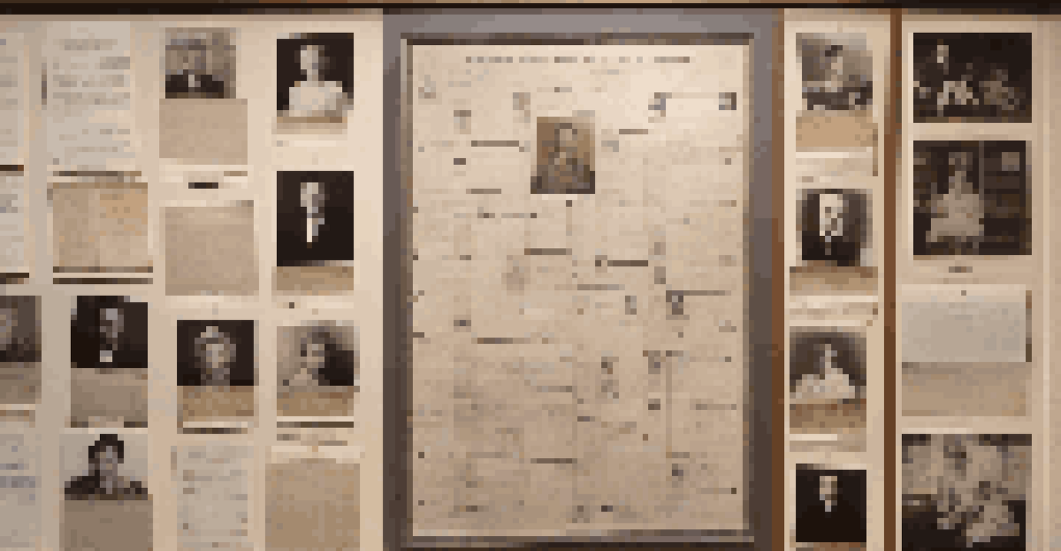 A creative wall timeline showcasing family history with photos, documents, and letters.