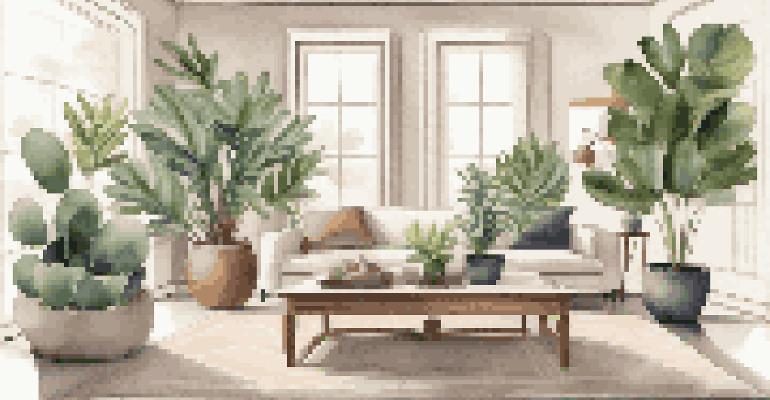 An elegant living room with a large rubber tree and smaller potted ferns on a coffee table, decorated in neutral tones.
