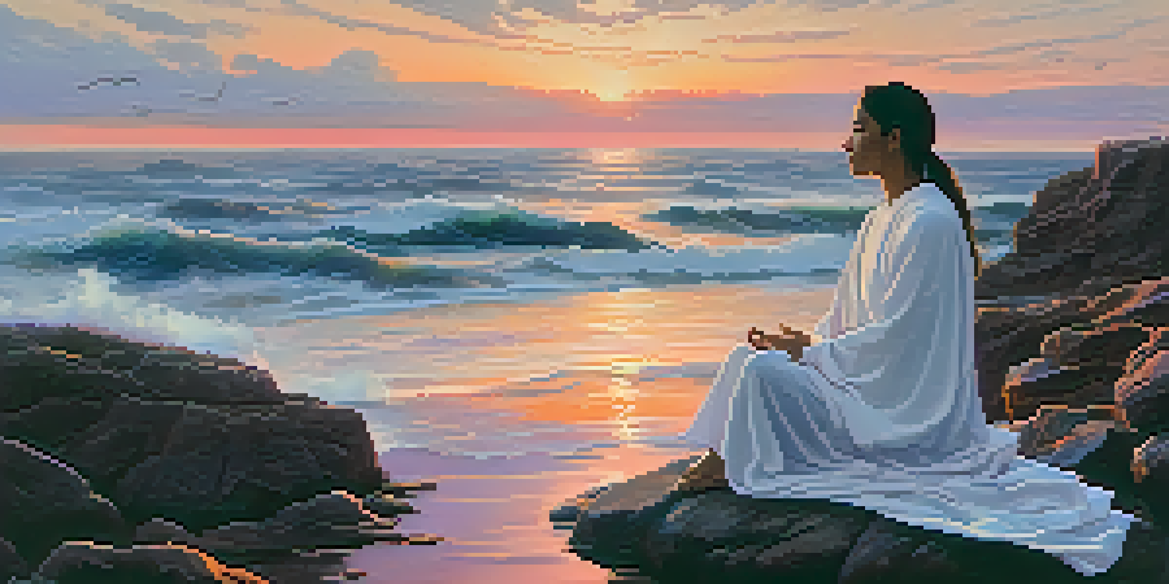 A person meditating on a rocky cliff at sunset, with a colorful sky and a calm sea.