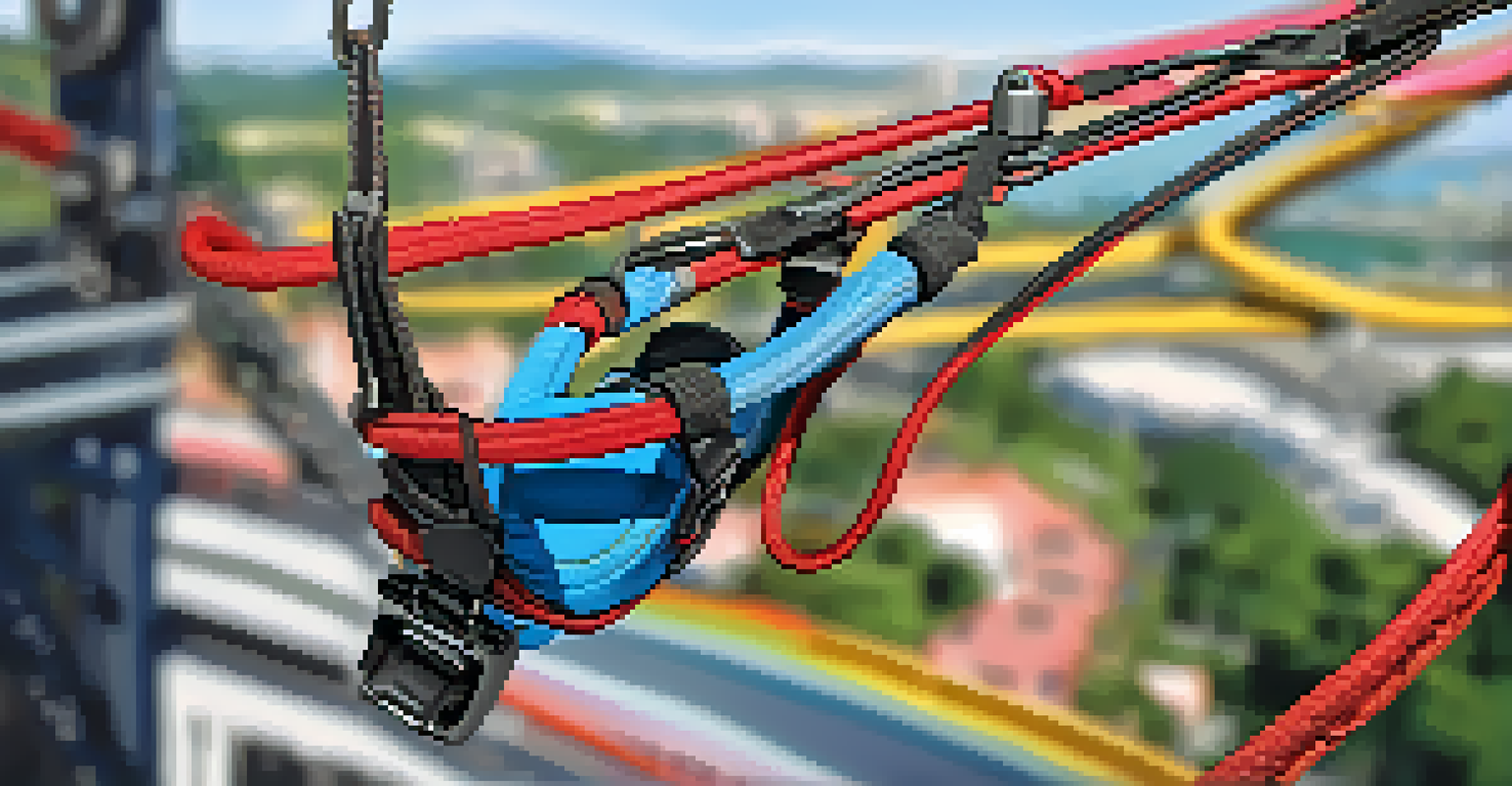 A close-up of a bungee cord and harness with a blurred jump platform and scenic view in the background.