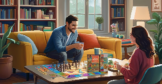 A couple enjoying a board game night in a cozy living room with warm lighting and snacks.