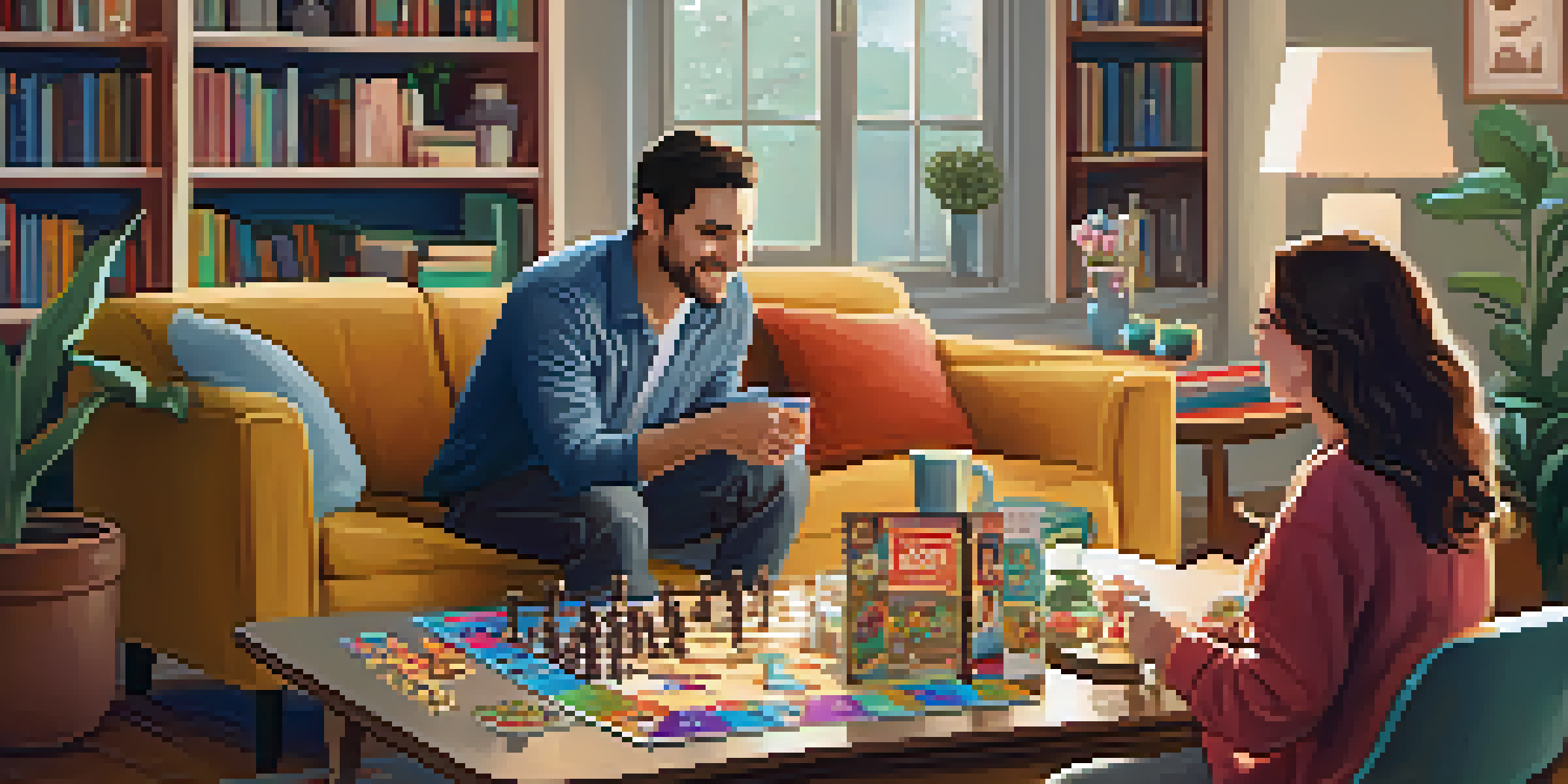 A couple enjoying a board game night in a cozy living room with warm lighting and snacks.