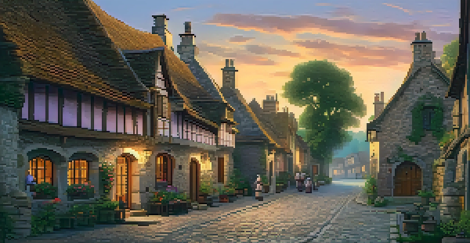 A medieval village at sunset with stone houses and villagers in historical clothing, surrounded by greenery.