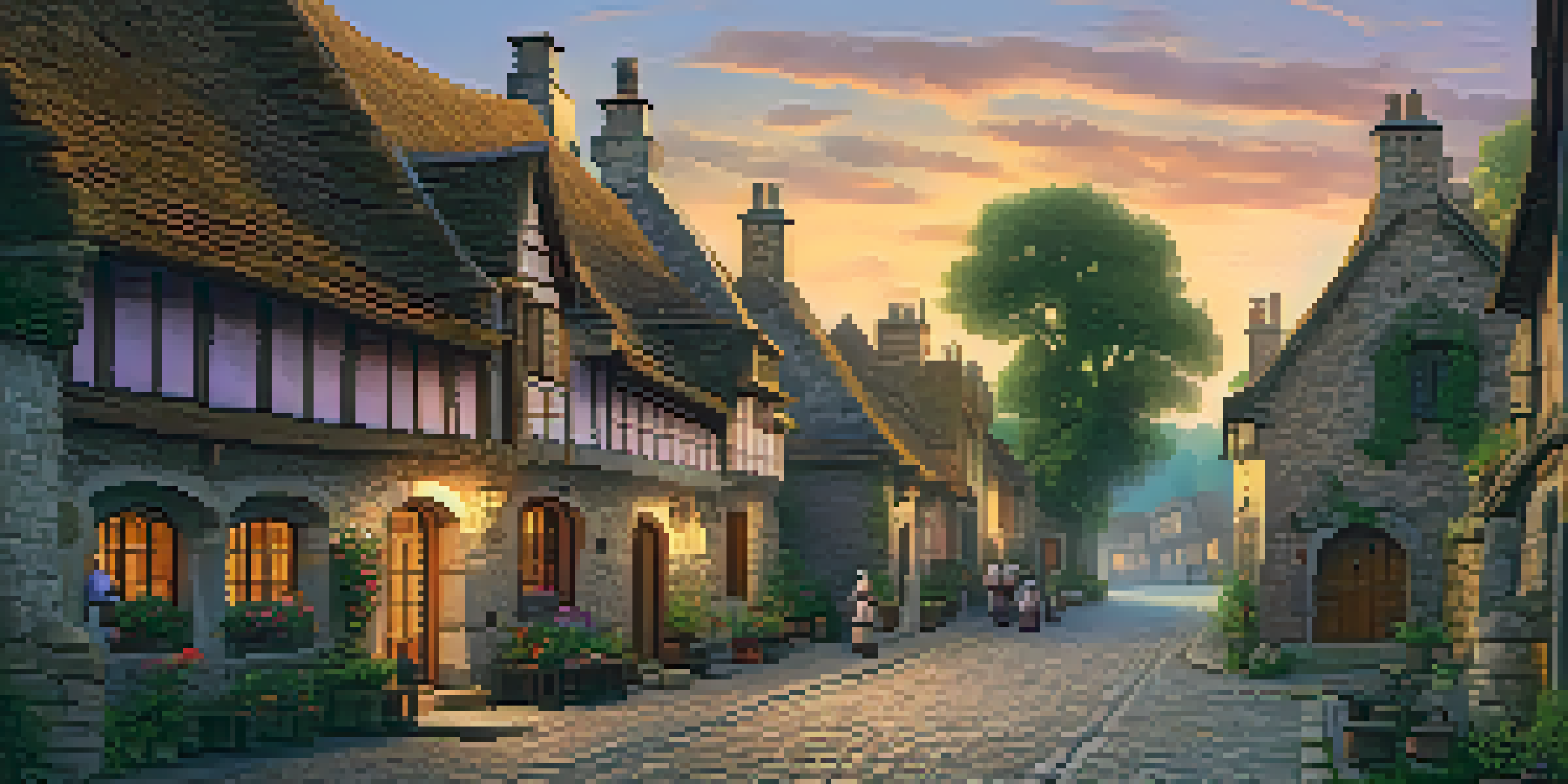 A medieval village at sunset with stone houses and villagers in historical clothing, surrounded by greenery.