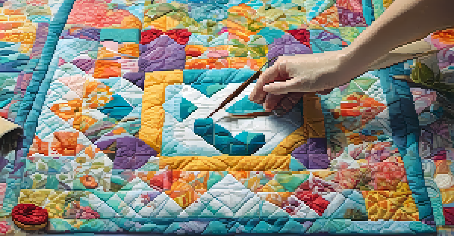 A close-up of hands hand quilting a colorful quilt with floral and geometric patterns, showcasing the intricate stitching process.