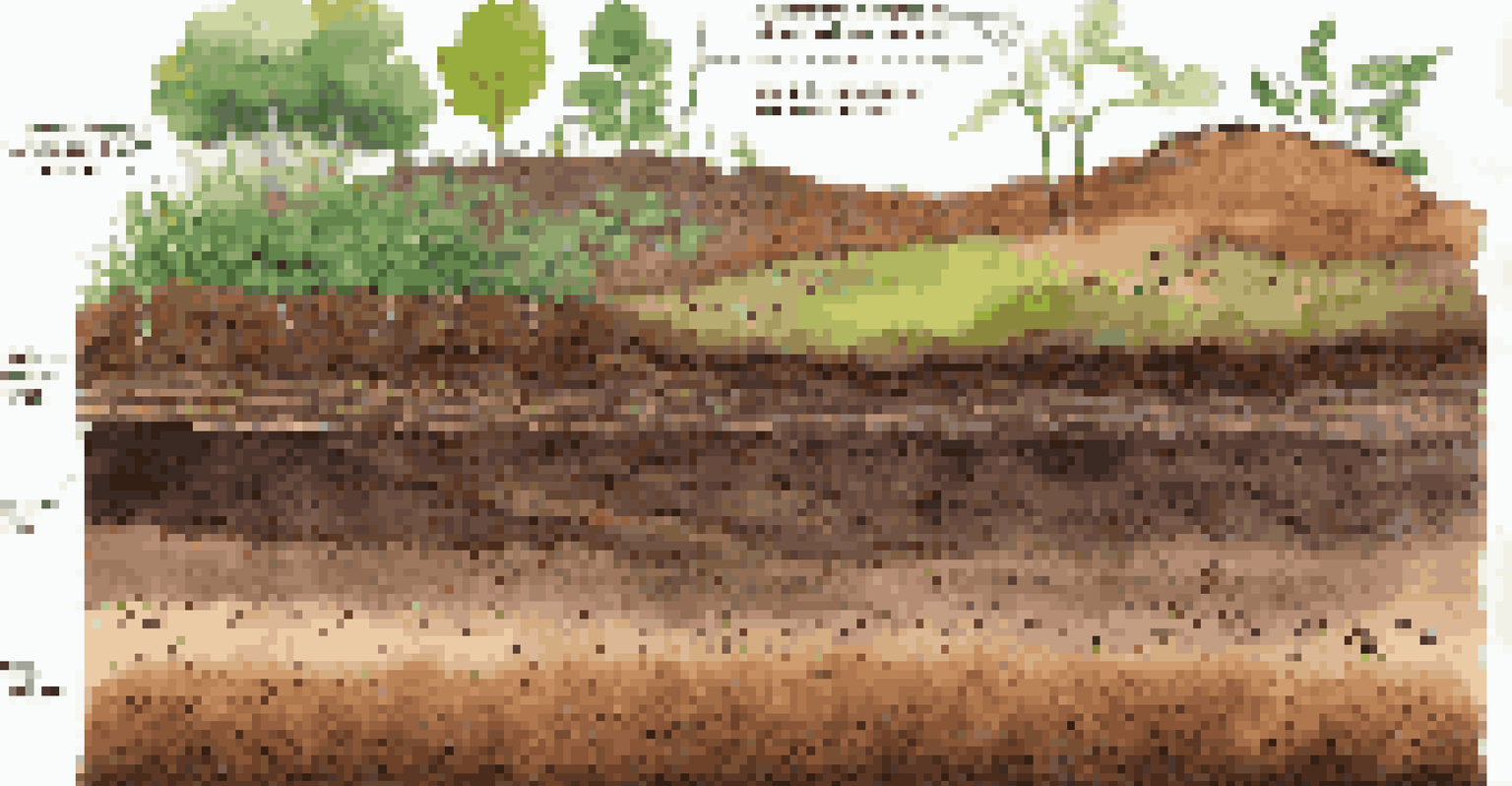 A close-up of healthy soil showing layers of organic material and roots, emphasizing soil health and biodiversity.