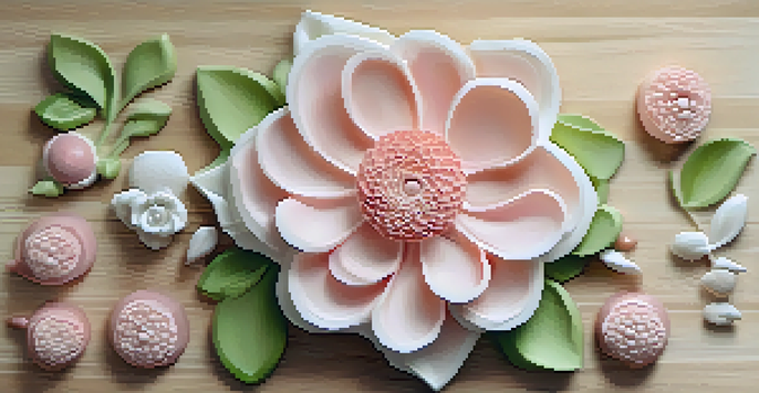 A close-up of a pink and white soap sculpture resembling a blooming flower, with green leaves around it on a wooden surface.