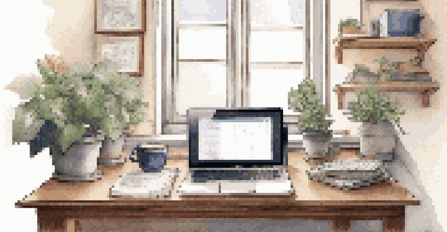 A programmer's desk with a laptop displaying code, a plant, and a coffee mug in a warmly lit space.