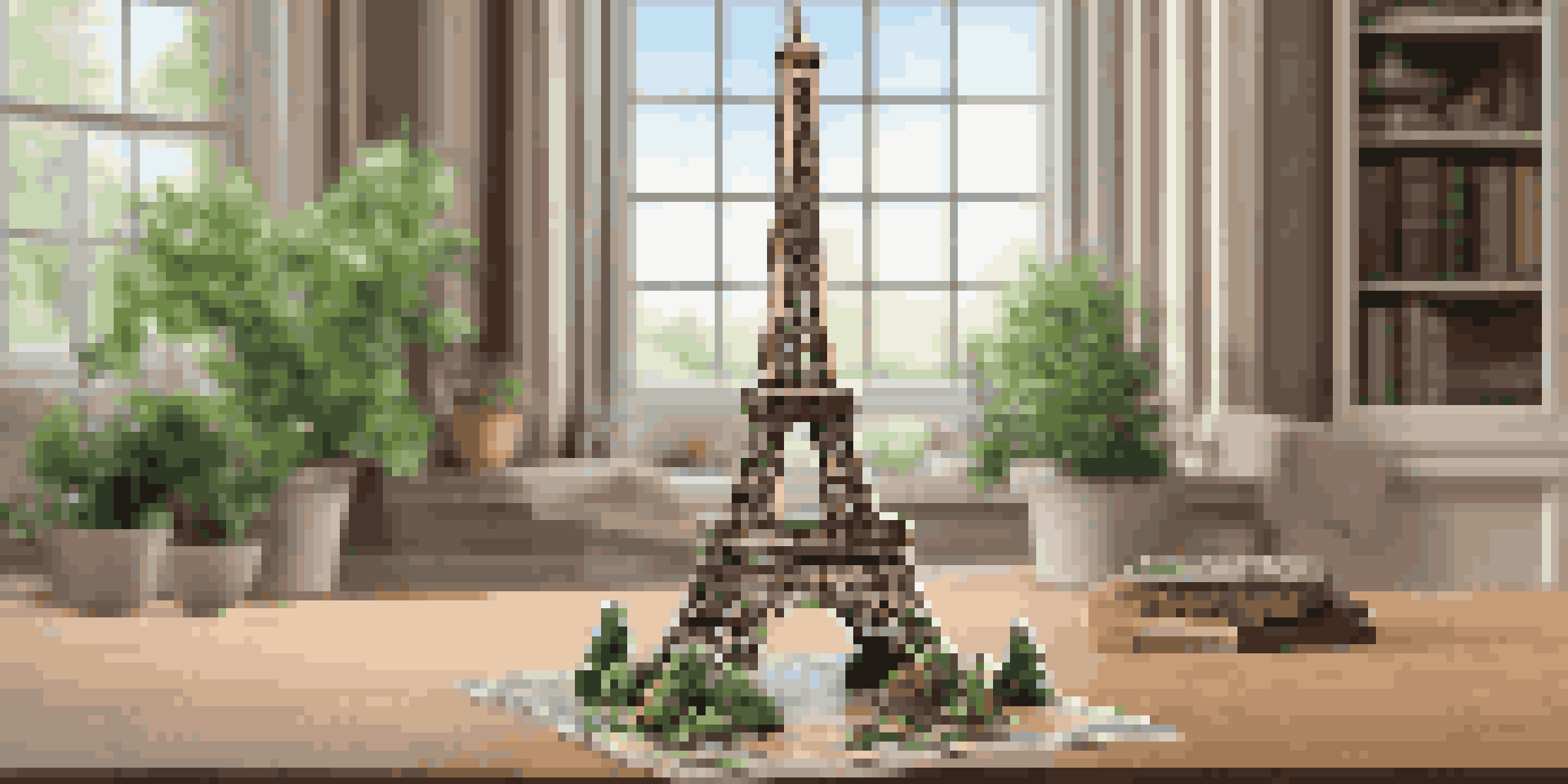 A 3D puzzle of the Eiffel Tower on a wooden table, illuminated by soft natural light, with a cozy living room background.