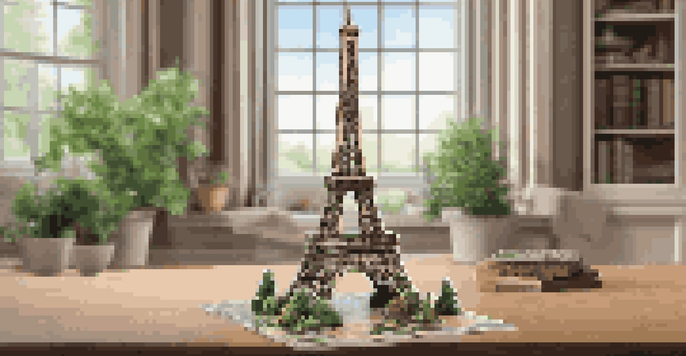 A 3D puzzle of the Eiffel Tower on a wooden table, illuminated by soft natural light, with a cozy living room background.