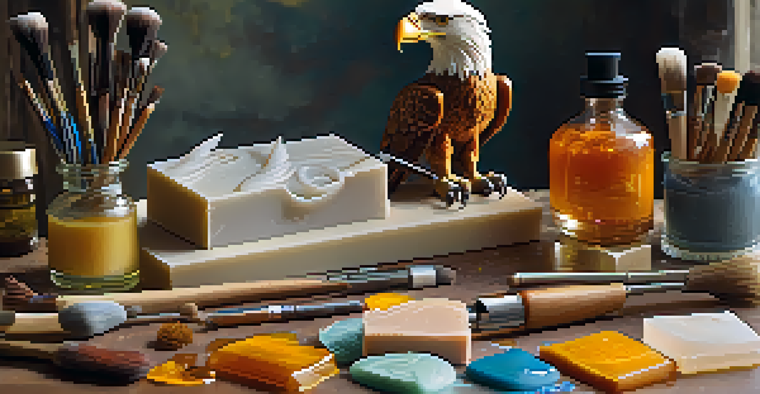 A workspace for soap sculpting with tools, colorful materials, and a finished eagle soap sculpture in the background.