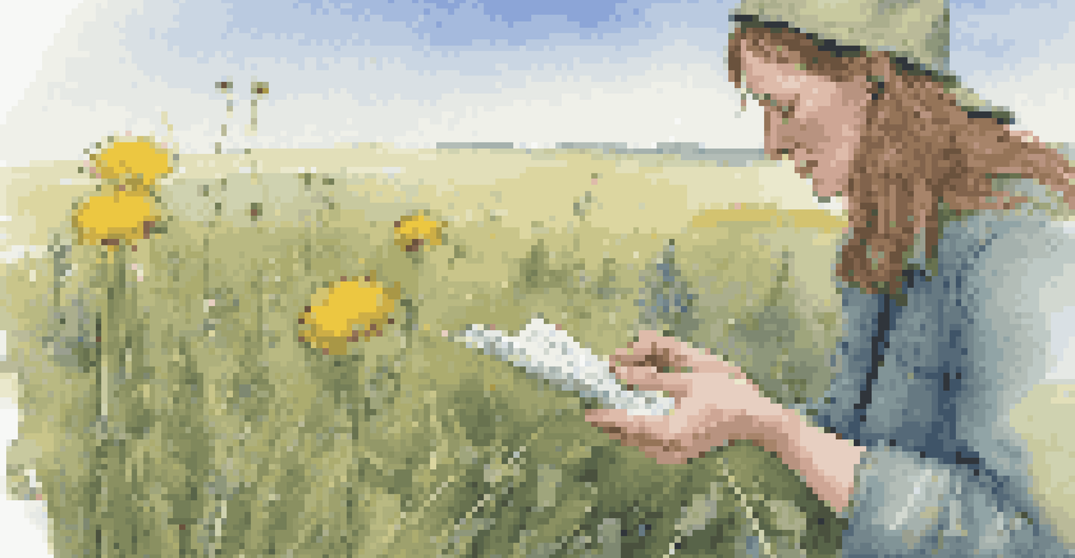 A person foraging for dandelions in a grassy field, holding a guidebook and examining the plant.