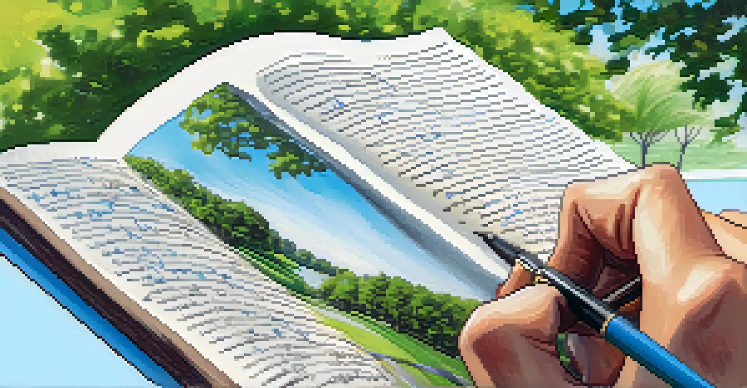 A close-up of a hand writing in a journal with colorful ink, set against a blurred park background with green trees and a blue sky.