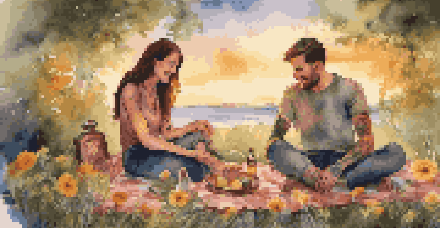 A couple sitting on a picnic blanket in a sunlit park, smiling and showing off their compass and globe tattoos, symbolizing their love for travel.