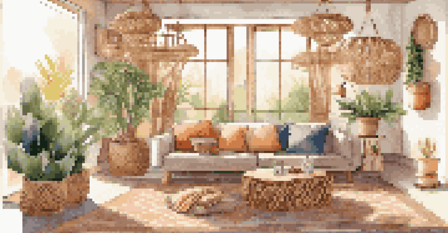 A living room with a large macramé wall hanging, warm sunlight, cozy sofa, and potted plants.