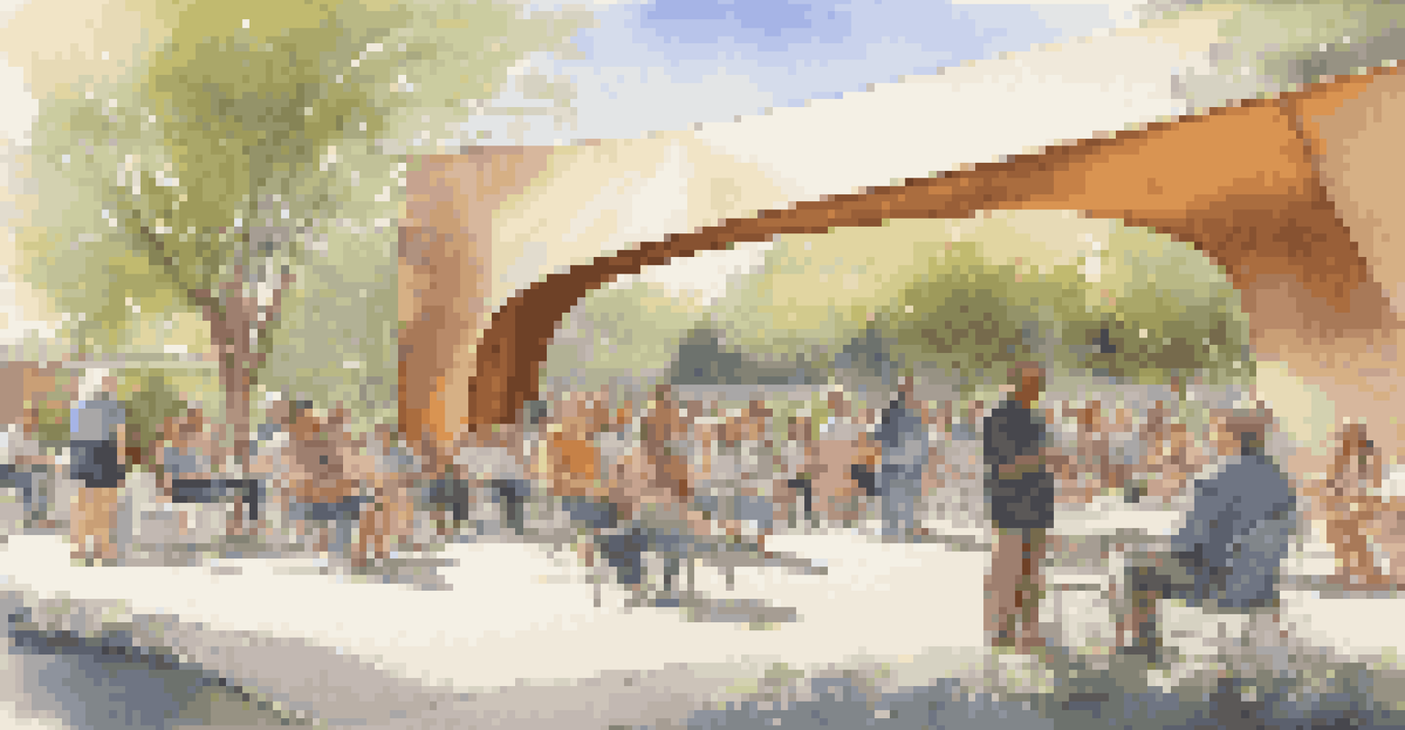 A large metallic sculpture in an outdoor setting, with diverse participants engaging in a lively performance around it, bathed in warm afternoon light.