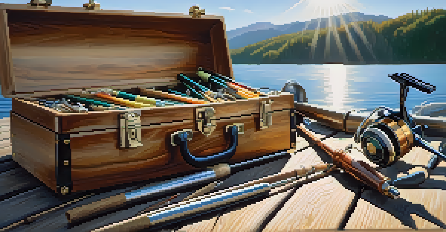 A close-up of a fishing rod and tackle box on a dock, with sunlight reflecting on the water and mountains in the background.