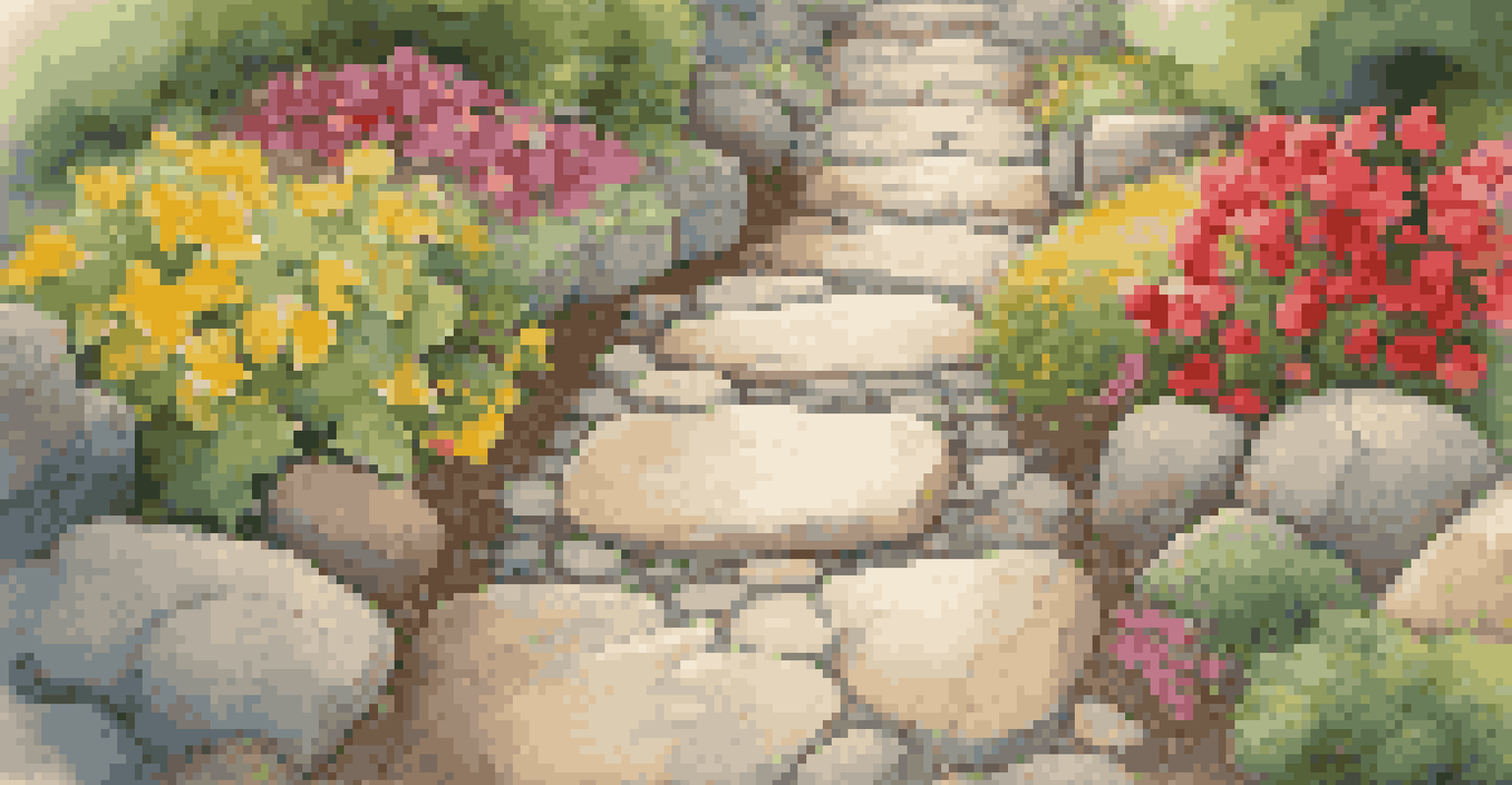 A close-up of a garden path lined with colorful flowers and stones, with soft shadows adding depth.