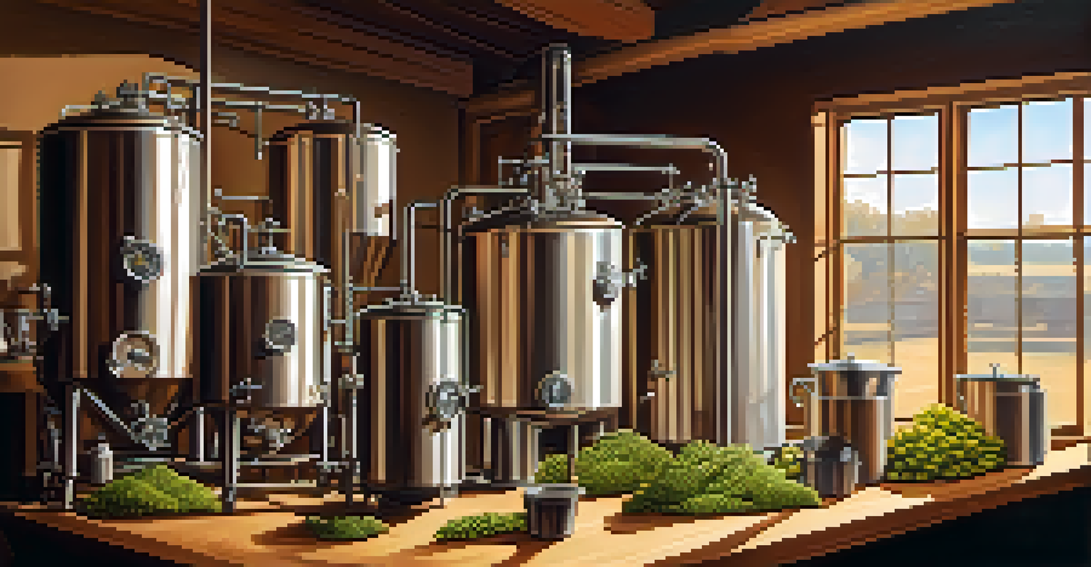 A brewing setup displaying grains, hops, and brewing equipment on a wooden table, illuminated by soft natural light.