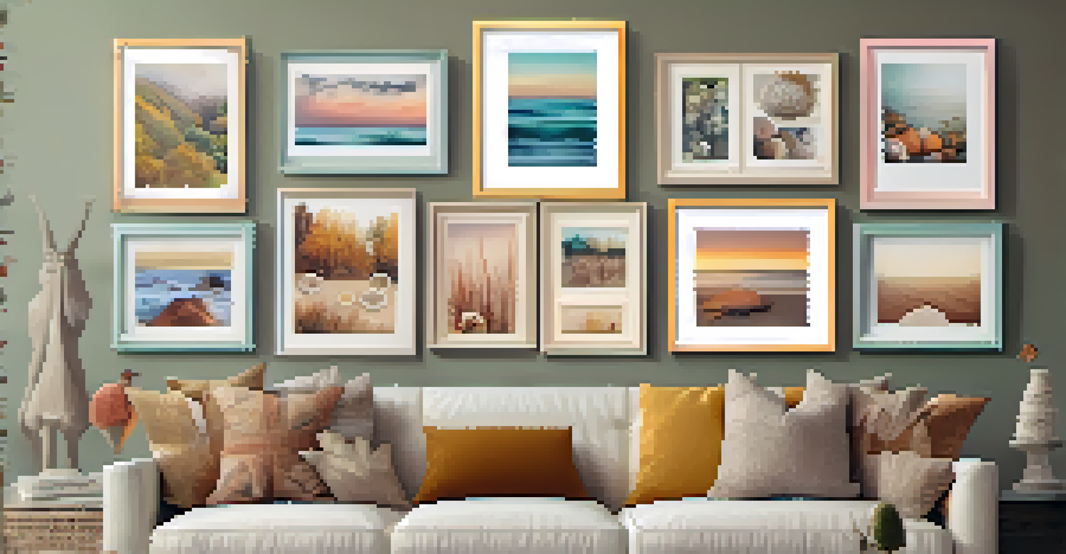 A gallery wall showcasing a variety of colorful DIY photo frames decorated with seasonal elements, set against a pastel-painted wall.