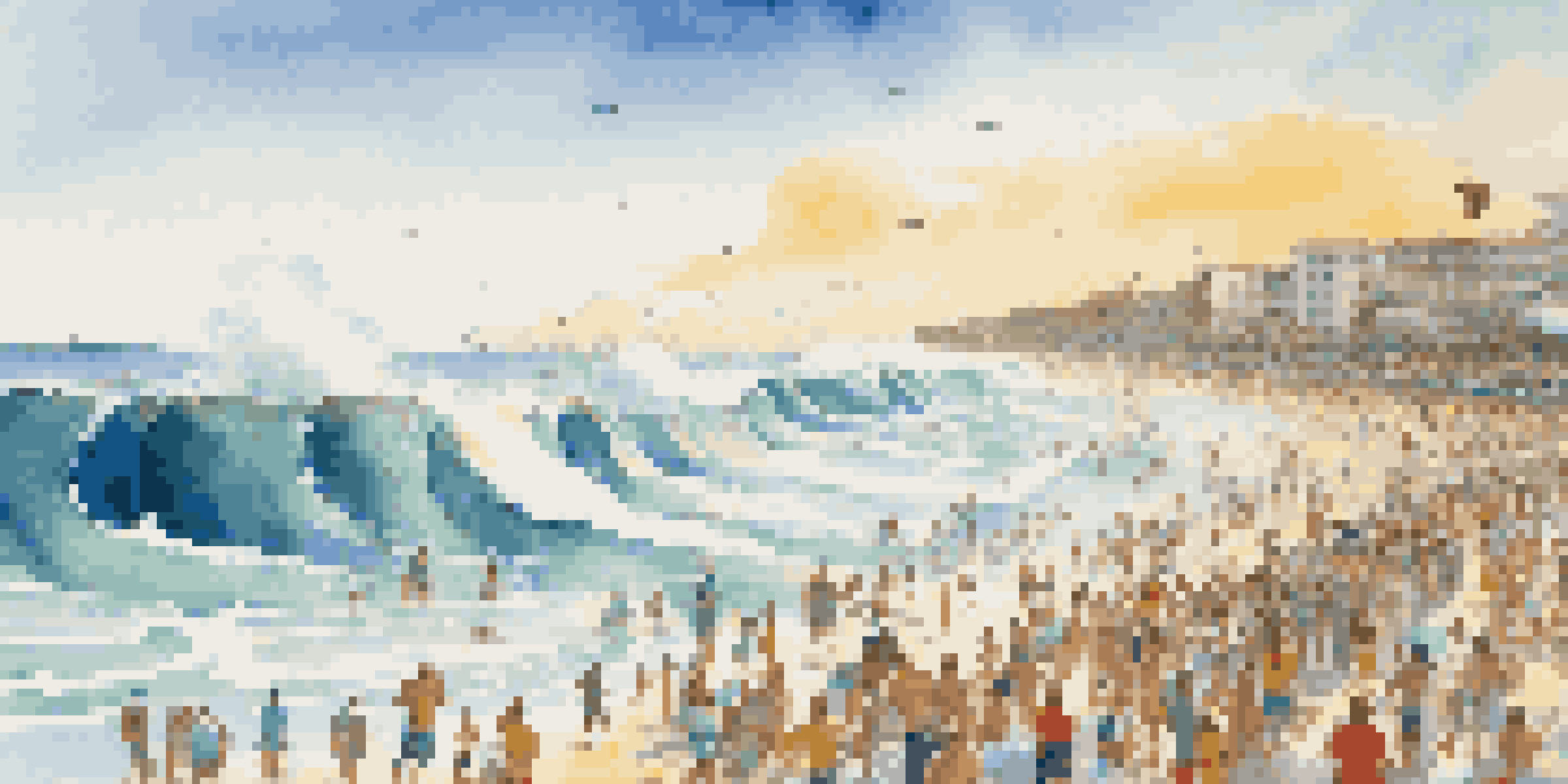 A lively beach scene with surfers in action, spectators enjoying the event, and a sunny sky.