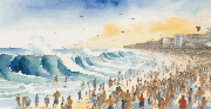 A lively beach scene with surfers in action, spectators enjoying the event, and a sunny sky.