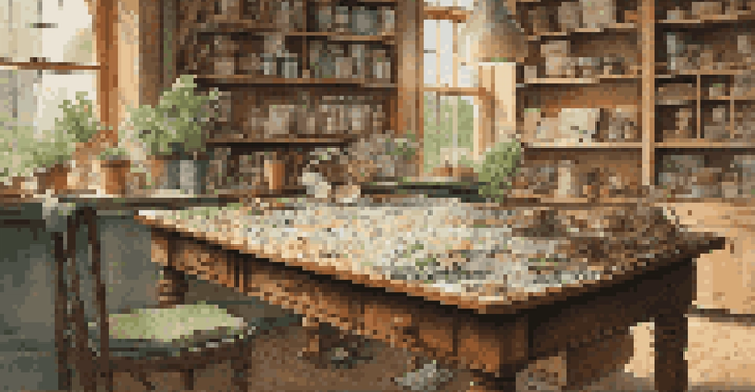 A workspace set up for restoring jigsaw puzzles, with a vintage puzzle, tools, and natural light creating a warm atmosphere.