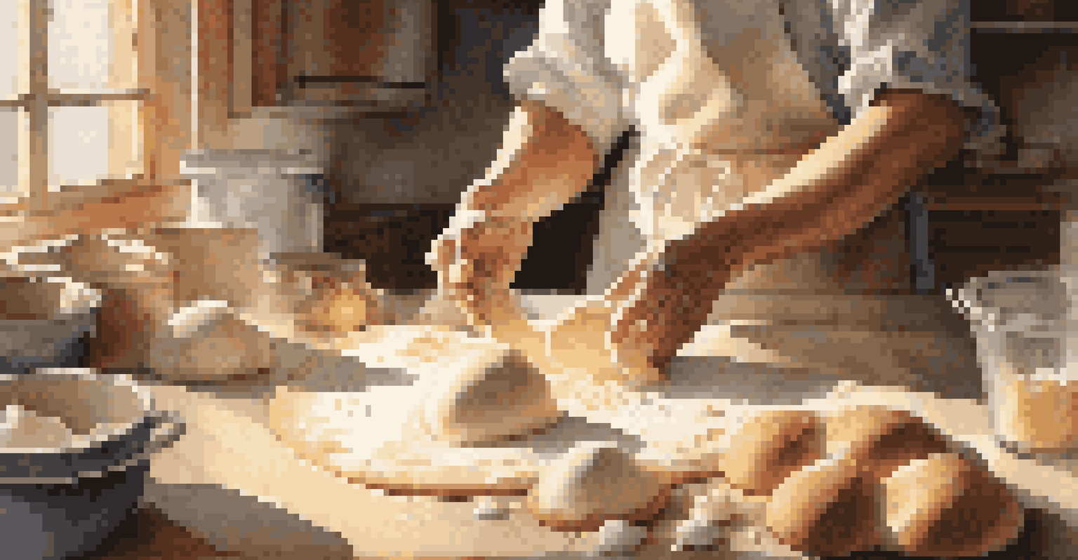 A baker kneading dough with baking ingredients around in a sunlit kitchen.