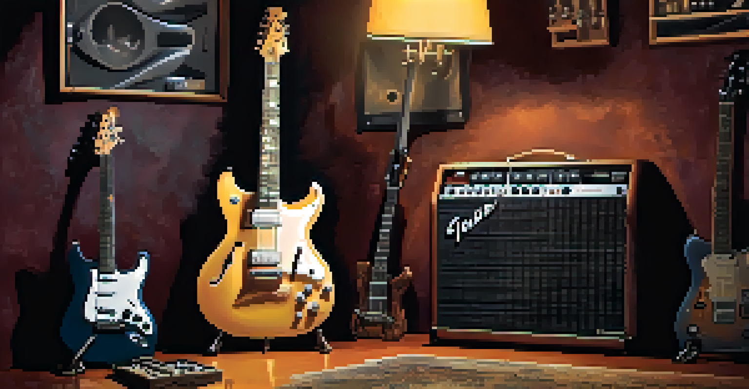 An electric guitar on a vintage amplifier with effects pedals, illuminated by a warm lamp against a dark wall.
