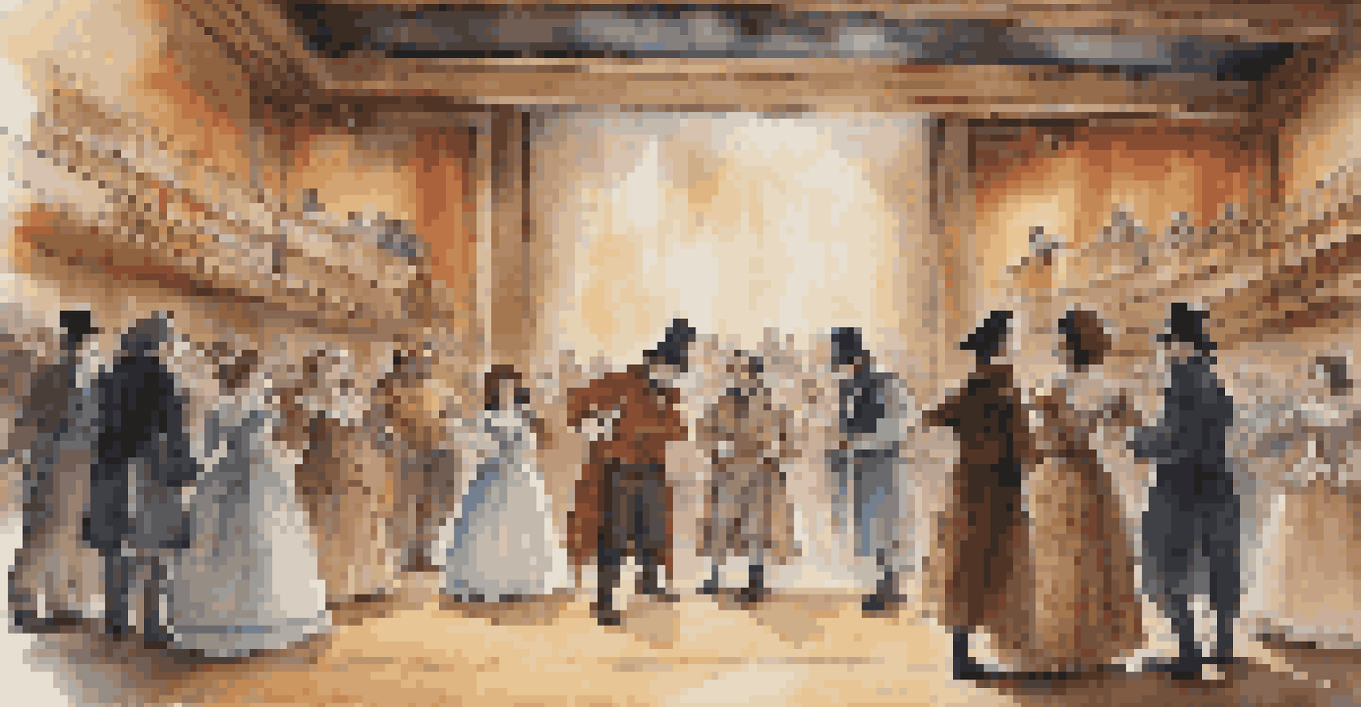 A diverse group of actors rehearsing a scene from a classic novel on stage, wearing period costumes and expressing intense emotion.